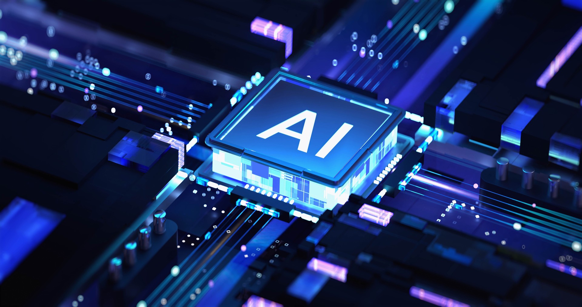 A chip labeled AI in the middle of metal components